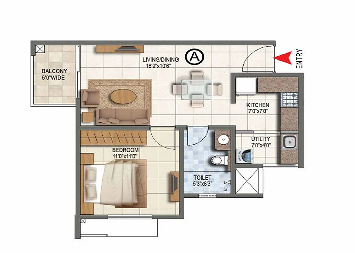 Prestige Airport Road 1 BHK sample floor plan with living, bedroom, kitchen and balcony