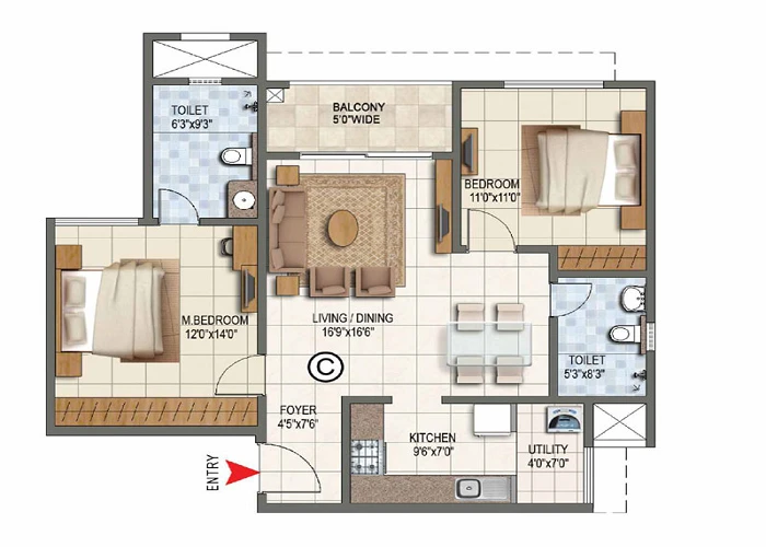 Prestige Airport Road 2 BHK sample floor plan with two bedrooms, two toilets and balcony