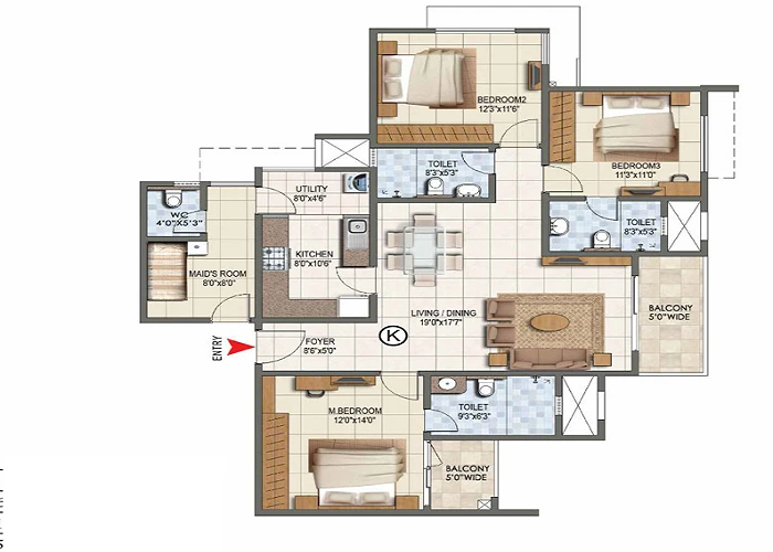 Prestige Airport Road 3 BHK sample floor plan with three bedrooms, maid’s room and two balconies