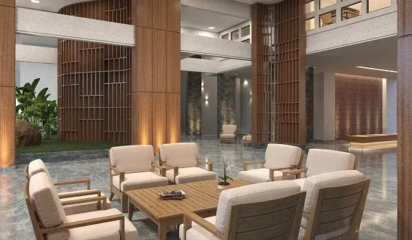 Clubhouse lounge with cushioned seating and wooden screens