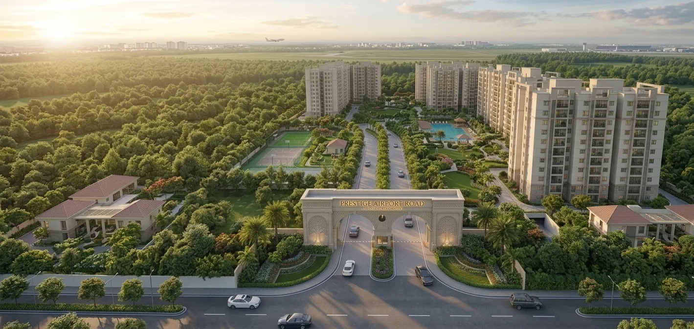 Prestige Airport Road aerial view of apartment towers and entrance gate in Devanahalli