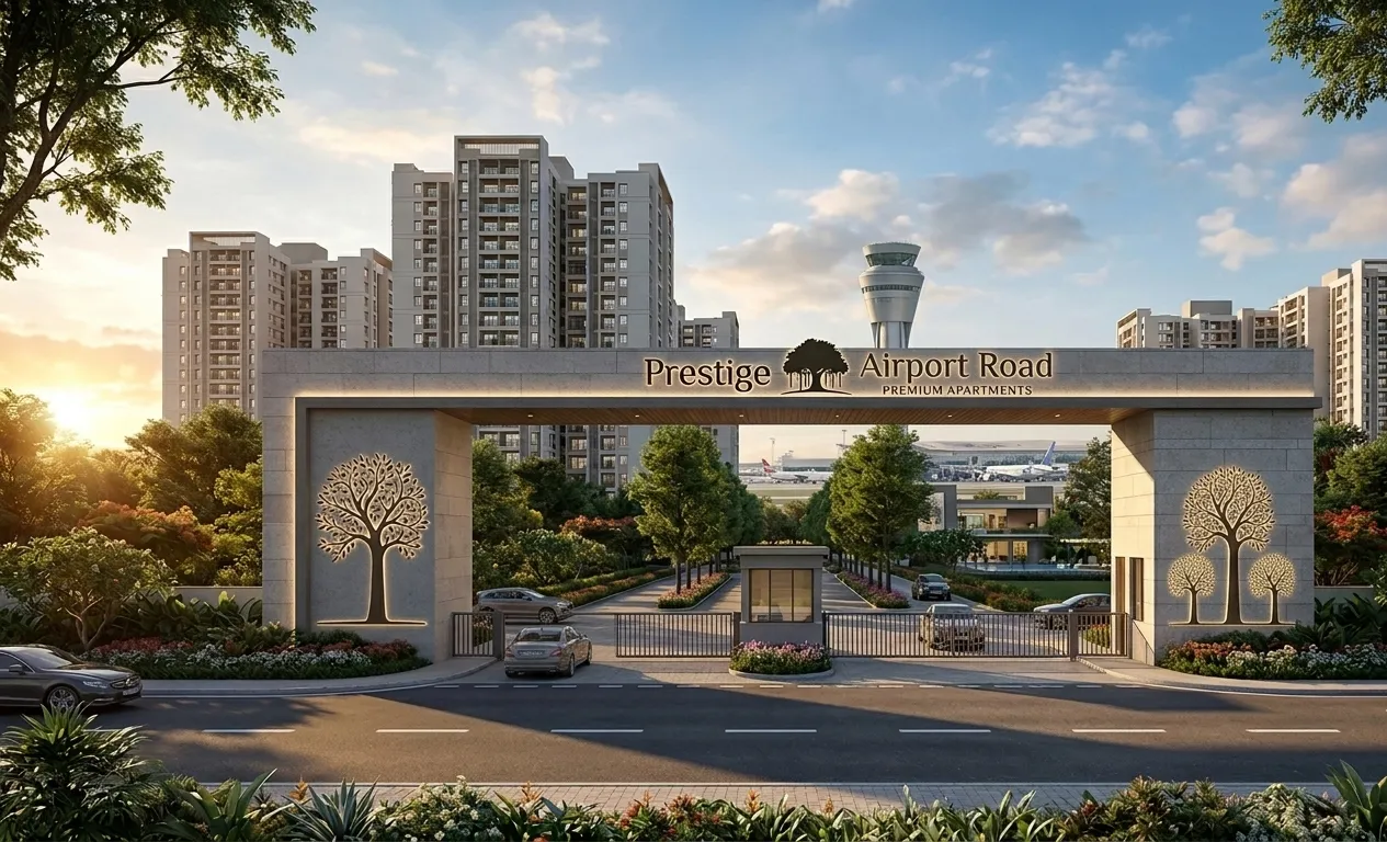 Prestige Airport Road premium apartments entrance gate with high-rise towers behind