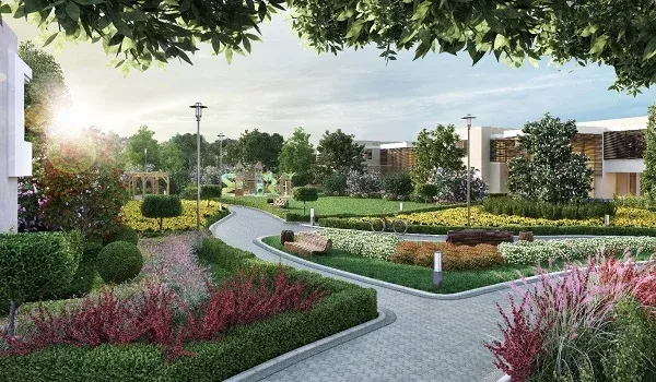 Landscaped garden pathways with flower beds and seating