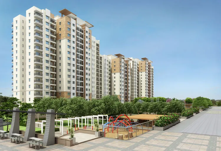 Prestige Airport Road apartment towers with a landscaped children’s play area
