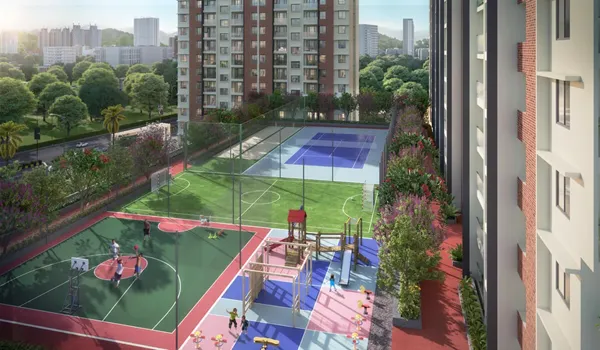 Basketball and tennis courts next to a children’s play area