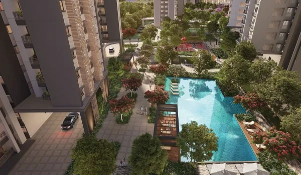 Swimming pool surrounded by landscaping between residential towers