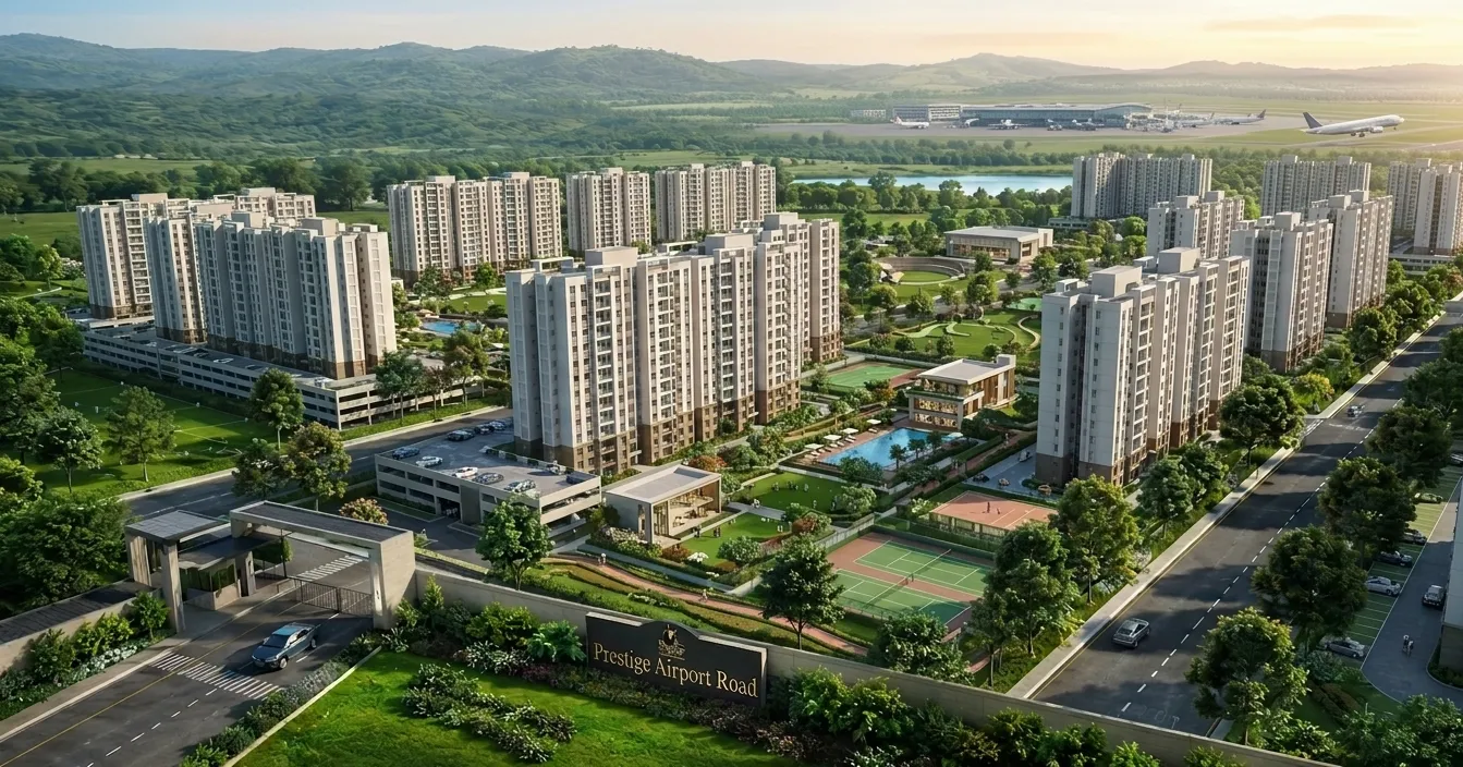 Aerial view of Prestige Airport Road residential towers near Kempegowda International Airport